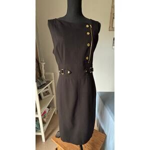 🌟CALVIN KLEIN Military Style Gold Hardware Dress w Asymmetrical Neckline